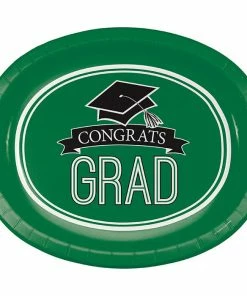 Creative Converting Graduation School Spirit Green Oval Platters, 10" X 12", 8 Ct
