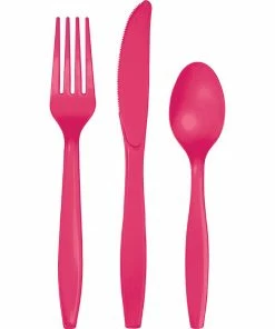 Creative Converting Hot Magenta Pink Assorted Plastic Cutlery, 24 Ct Solid Color Tableware