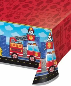 Creative Converting Kids Birthday Party Themes Flaming Fire Truck Plastic Tablecover All Over Print, 54" X 102"