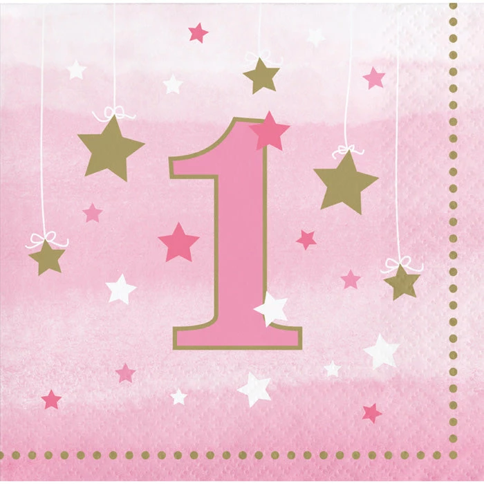 Creative Converting 1st Birthday Party Themes One Little Star Girl 1st Birthday Beverage Napkins, 16 Ct
