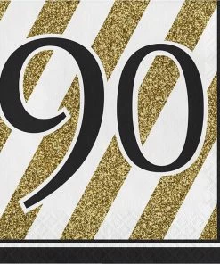 Creative Converting Black And Gold 90th Birthday Napkins, 16 Ct