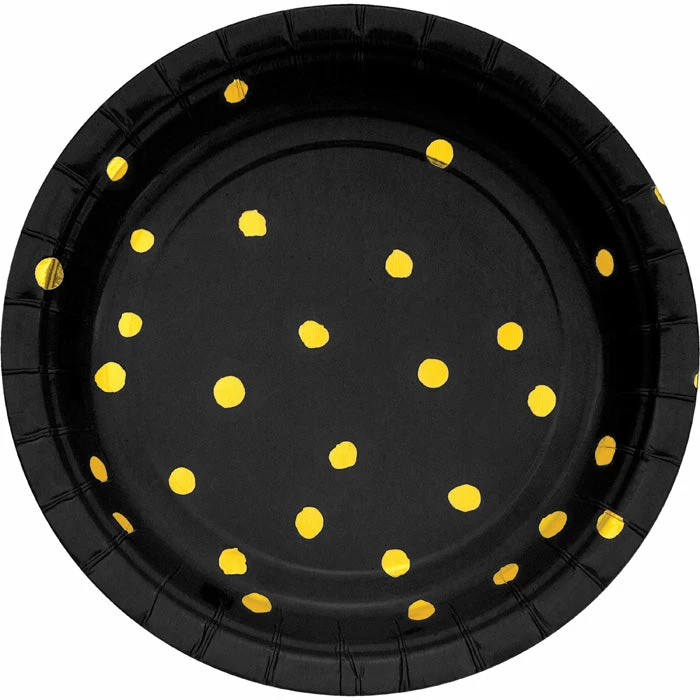 Creative Converting Solid Color Tableware Black And Gold Foil Dot Dessert Plates, 8 Ct