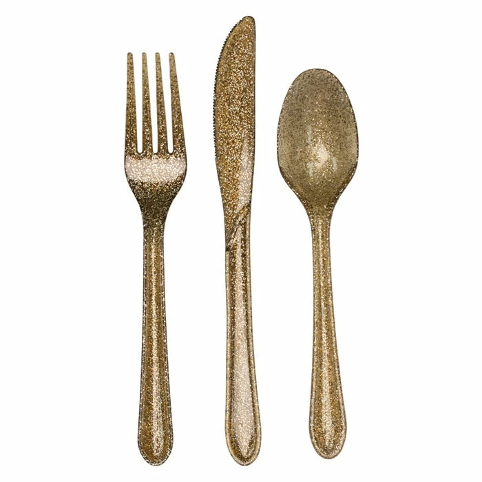 Creative Converting Christmas Party Supplies Glitz Gold Plastic Cutlery Set, 24 Ct
