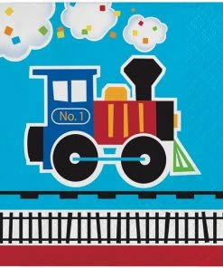 Creative Converting 1st Birthday Party Themes All Aboard Train Beverage Napkins, 16 Ct
