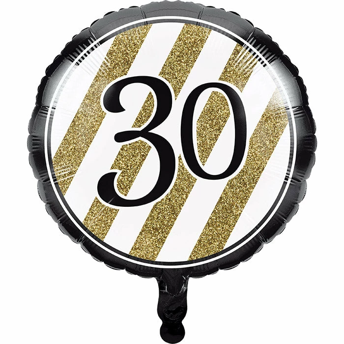 Creative Converting Adult Birthday Party Themes Black & Gold Metallic Balloon 18", '30