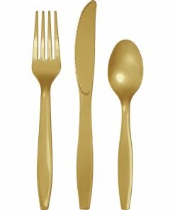 Creative Converting Solid Color Tableware Glittering Gold Assorted Plastic Cutlery, 24 Ct