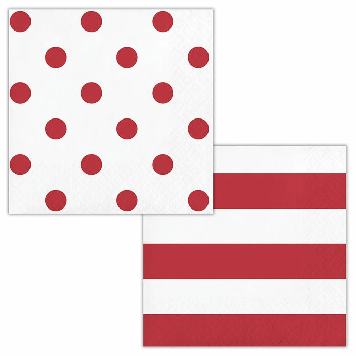 Creative Converting Themed Tableware Dots & Stripes Classic Red Beverage Napkins, 16 Ct
