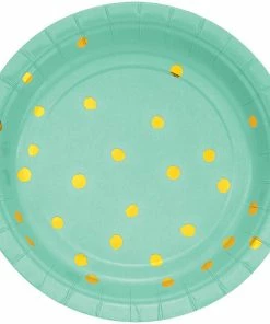 Creative Converting Fresh Mint Green And Gold Foil Dot Dessert Plates, 8 Ct