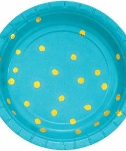 Creative Converting Bermuda Blue And Gold Foil Dot Dessert Plates, 8 Ct Solid Color Tableware