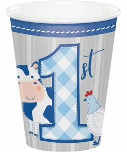 Creative Converting Farmhouse Birthday Blue 9 Oz. Hot/Cold Cups (96/Case) 1st Birthday Party Themes