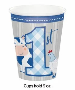 Creative Converting Farmhouse Birthday Blue 9 Oz. Hot/Cold Cups (96/Case) 1st Birthday Party Themes