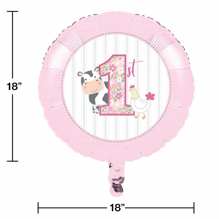 Creative Converting Farmhouse Birthday Pink 18" Mylar Ballon (10/Case) 1st Birthday Party Themes