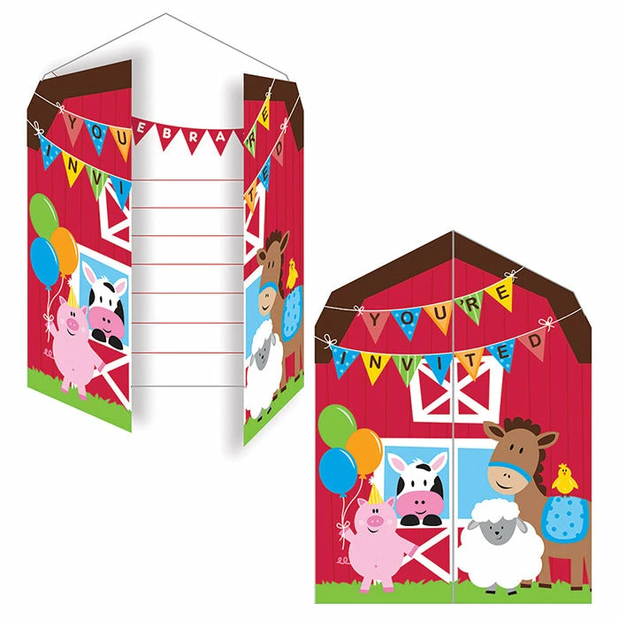 Creative Converting Kids Birthday Party Themes Farmhouse Fun Invitation, Diecut Gatefold (48/case)
