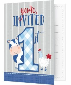 Creative Converting 1st Birthday Party Themes Farmhouse Birthday Blue Foldover Invitations W/ Attachment (48/Case)
