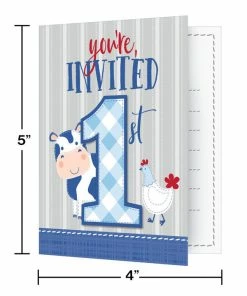 Creative Converting 1st Birthday Party Themes Farmhouse Birthday Blue Foldover Invitations W/ Attachment (48/Case)