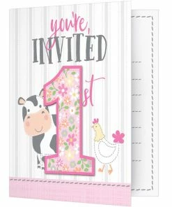 Creative Converting 1st Birthday Party Themes Farmhouse Birthday Pink Foldover Invitations W/ Attachment (48/Case)