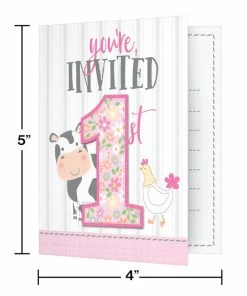 Creative Converting 1st Birthday Party Themes Farmhouse Birthday Pink Foldover Invitations W/ Attachment (48/Case)