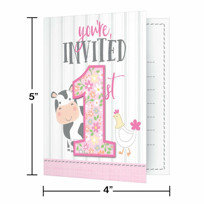 Creative Converting 1st Birthday Party Themes Farmhouse Birthday Pink Foldover Invitations W/ Attachment (48/Case)