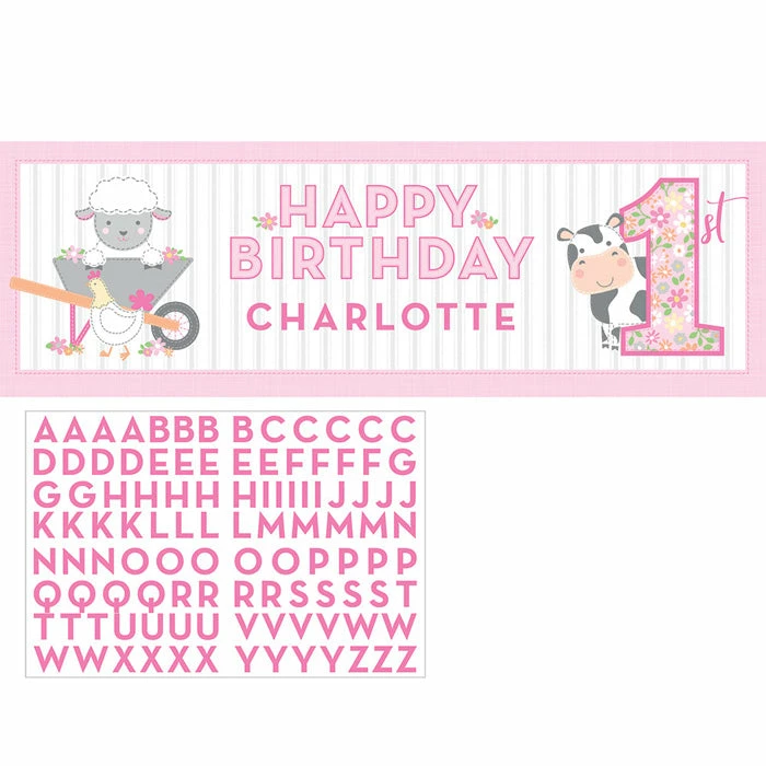 Creative Converting Farmhouse Birthday Pink Giant Party Banner W/ Stickers (6/Case) 1st Birthday Party Themes