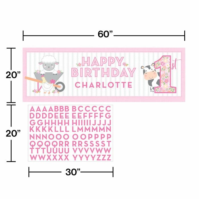 Creative Converting Farmhouse Birthday Pink Giant Party Banner W/ Stickers (6/Case) 1st Birthday Party Themes