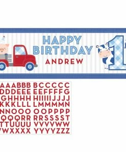 Creative Converting Farmhouse Birthday Blue Giant Party Banner W/ Stickers (6/Case) 1st Birthday Party Themes