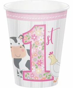 Creative Converting 1st Birthday Party Themes Farmhouse Birthday Pink 9 Oz. Hot/Cold Cups (96/Case)