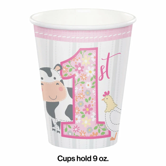 Creative Converting 1st Birthday Party Themes Farmhouse Birthday Pink 9 Oz. Hot/Cold Cups (96/Case)