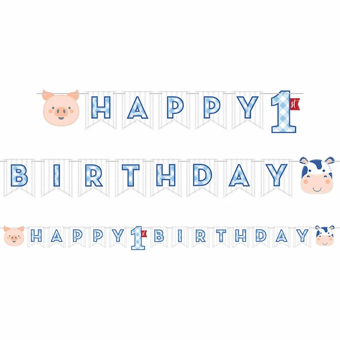 Creative Converting 1st Birthday Party Themes Farmhouse Birthday Blue Banner (12/Case)